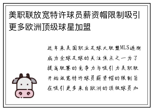 美职联放宽特许球员薪资帽限制吸引更多欧洲顶级球星加盟